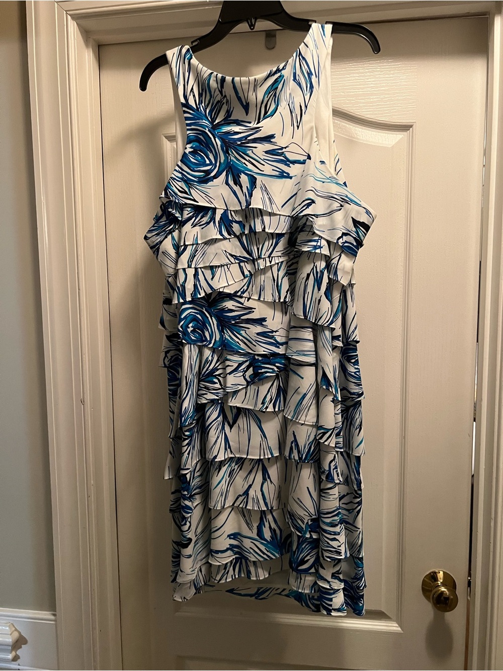 S.L. Fashions White Dress with Blue Floral Ruffles